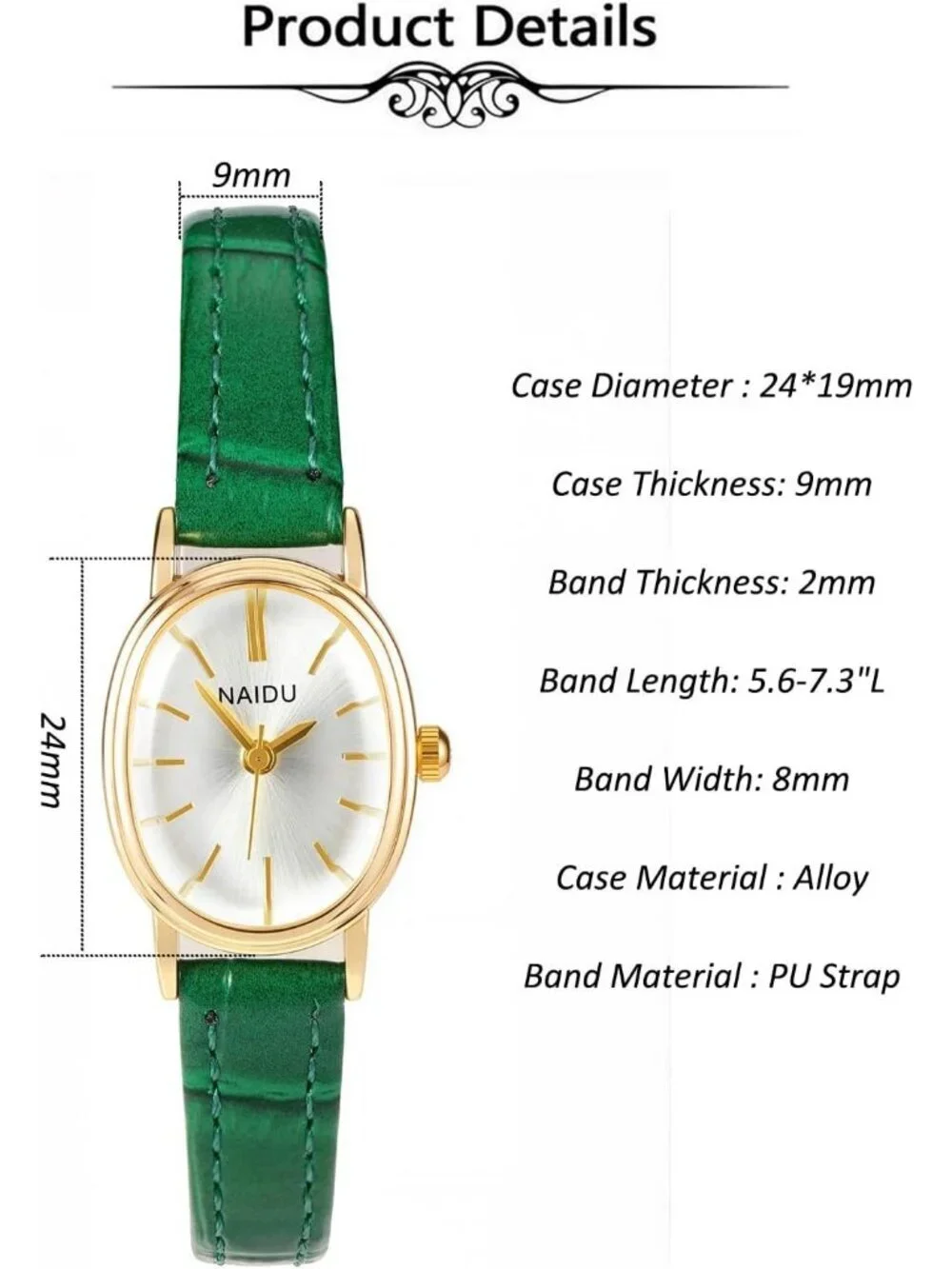 Women's Green Analog Quartz Classic Oval Case PU Leather Casual Wrist Watch